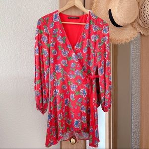 Zara red floral long sleeve wrap dress/romper_size XS